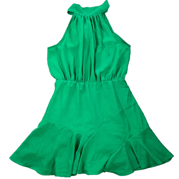 DO+BE High Neck Swing Mini Dress Size Large Green Sleeveless Bow Gathered Waist - Picture 1 of 11